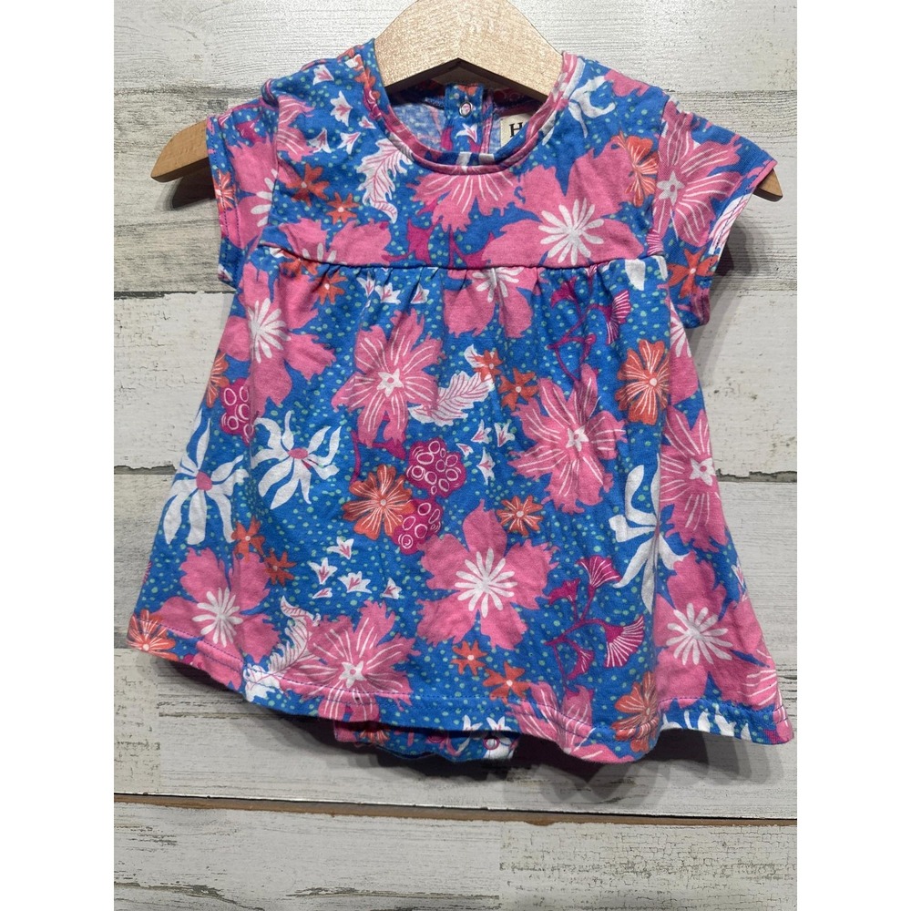 Hatley Floral Dress Girls 3-6M Blue Pink Short Sleeve Cotton EUC